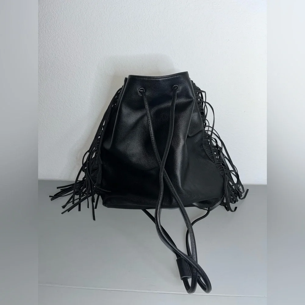 Victoria's Secret Fringe Bucket Bag Drawstring Black Faux Leather Large NWOT - Picture 4 of 16